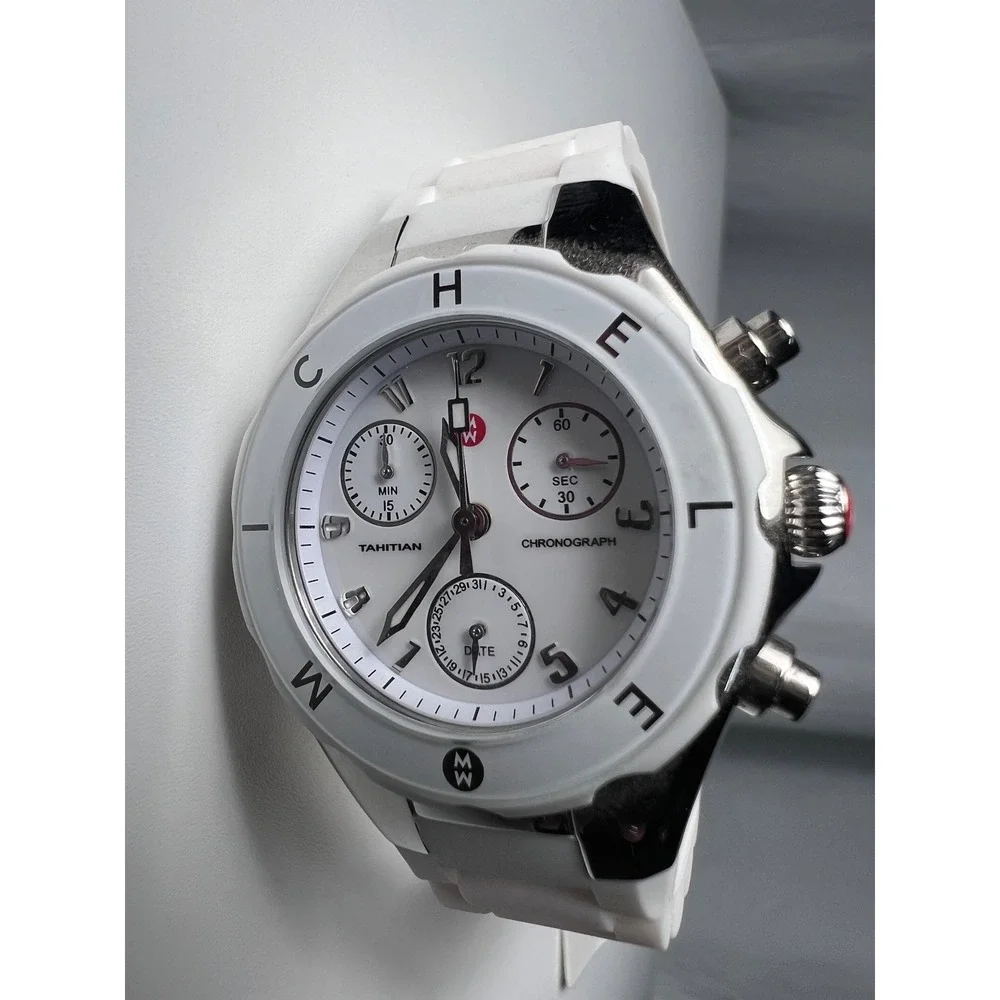 Michele Tahitian White Jelly Chronograph Steel Quartz Watch NWT